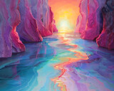 Vivid mysterious landscapes where every surface is iridescent reflecting light in shimmering spectral waves