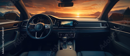 Luxury Car Interior During Scenic Sunset Drive © evening_tao