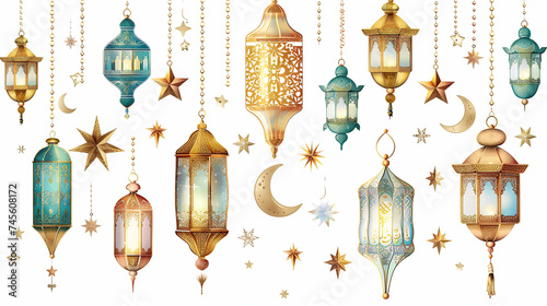 Ramadan Kareem Border, Islamic art Style Background. Symbols of Ramadan Mubarak, Hanging Gold Lanterns, arabic lamps, lanterns Arabic shining lamps. Outline golden decor in Eastern style. photo