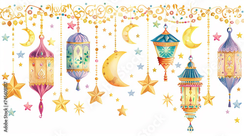 Ramadan Kareem Border, Islamic art Style Background. Symbols of Ramadan Mubarak, Hanging Gold Lanterns, arabic lamps, lanterns Arabic shining lamps. Outline golden decor in Eastern style.