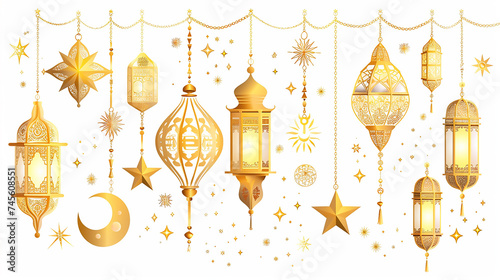 combination of shining hanging gold lanterns. Outline golden decor in Eastern style. Islamic background. Ramadan Kareem greeting card, advertising, discount, poster.