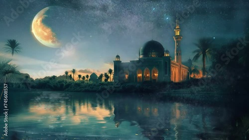 mosque with calm pool and blinking stars animation ramadan greeting concept. eid mubarak photo