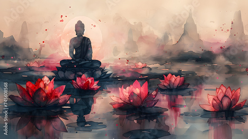 Watercolor Illustration of Buddha and lotus, Vesak Day © Articre8ing