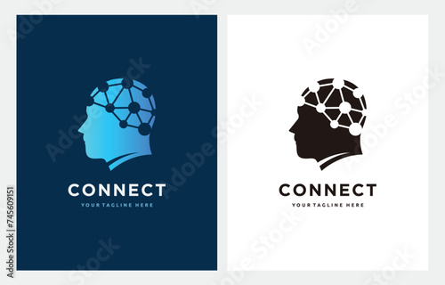 Digital Human Head Brain with Dots And Network Technology Logo Design In Blue Color Vector