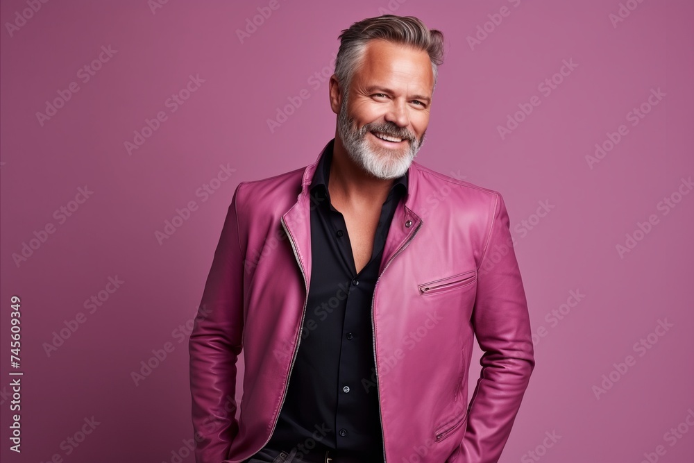 Portrait of a handsome mature man in a pink jacket. Men's beauty, fashion. Portrait of a handsome mature man in a pink jacket. Men's beauty, fashion.