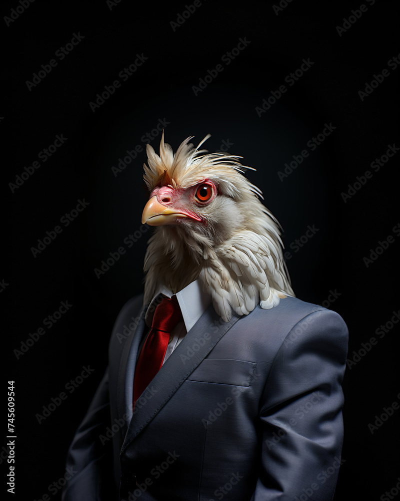 Chicken entrepreneur posing against a black backdrop