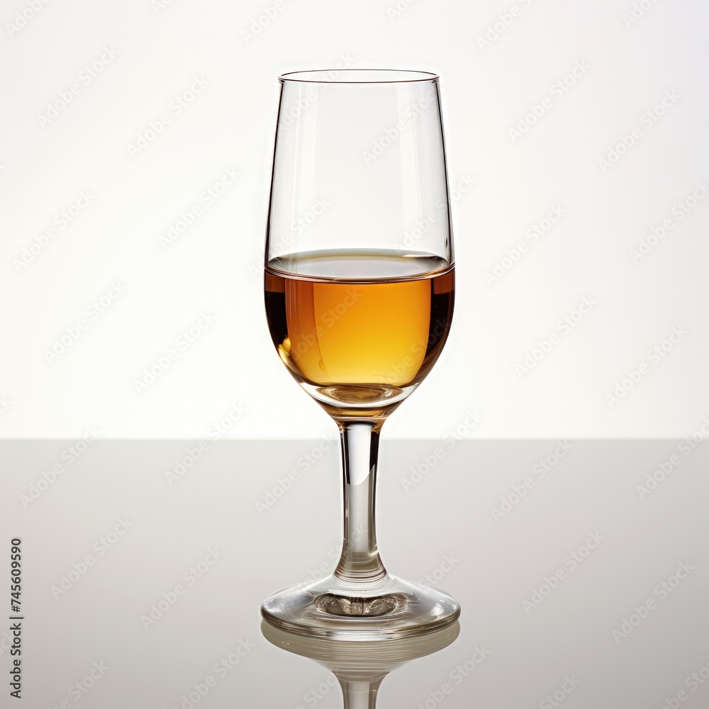 A glass of white wine on a white background