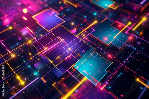 Generative AI illustration of abstract background of multicolored geometric interpolation of squares and rectangles with bright blue purple and yellow neon lights against black background