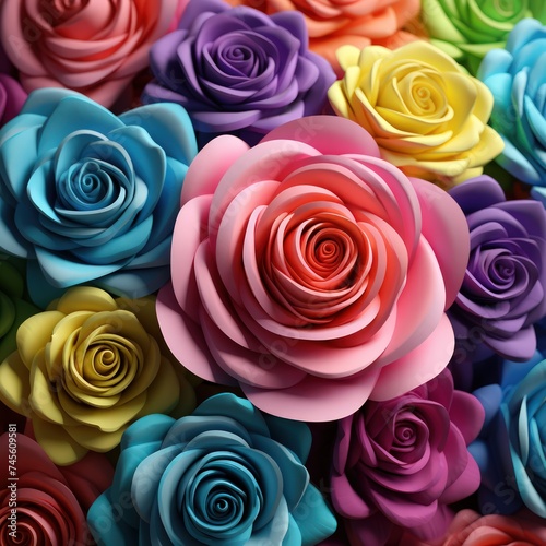 3D render of abstract cut paper flowers in rainbow colors