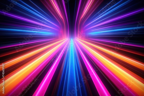 3D render, vibrant neon rays and glowing lines create abstract colorful background