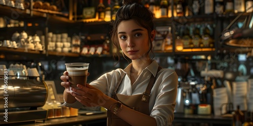 Professional female bartender offers a crafted cocktail in a dimly lit retro bar setting. conceptual bar scene with a focus on hospitality. AI