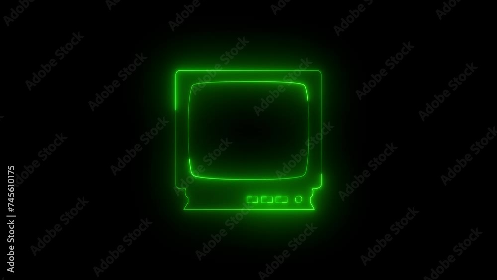 Neon glowing green television icon animation in black background Neon glowing green television icon animation in black background