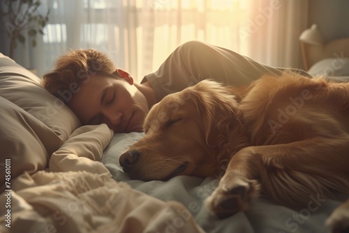 a cozy bedroom scene featuring a man and a golden retriever peacefully sleeping side by side.