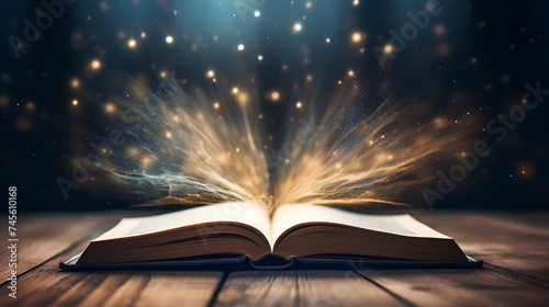 Open book with abstract light shining in the dark concept of literature and fairy tales