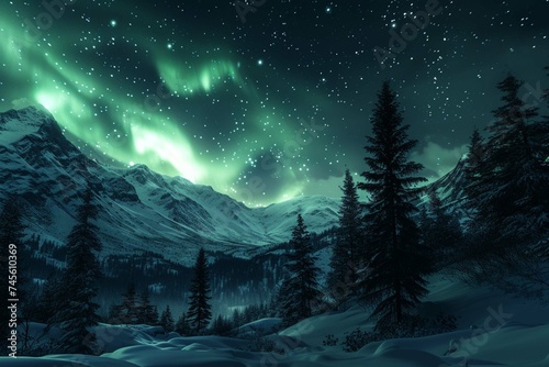 Glowing Northern lights and Milky Way in night sky over mountainous terrain with coniferous trees covered with snow in wintertime