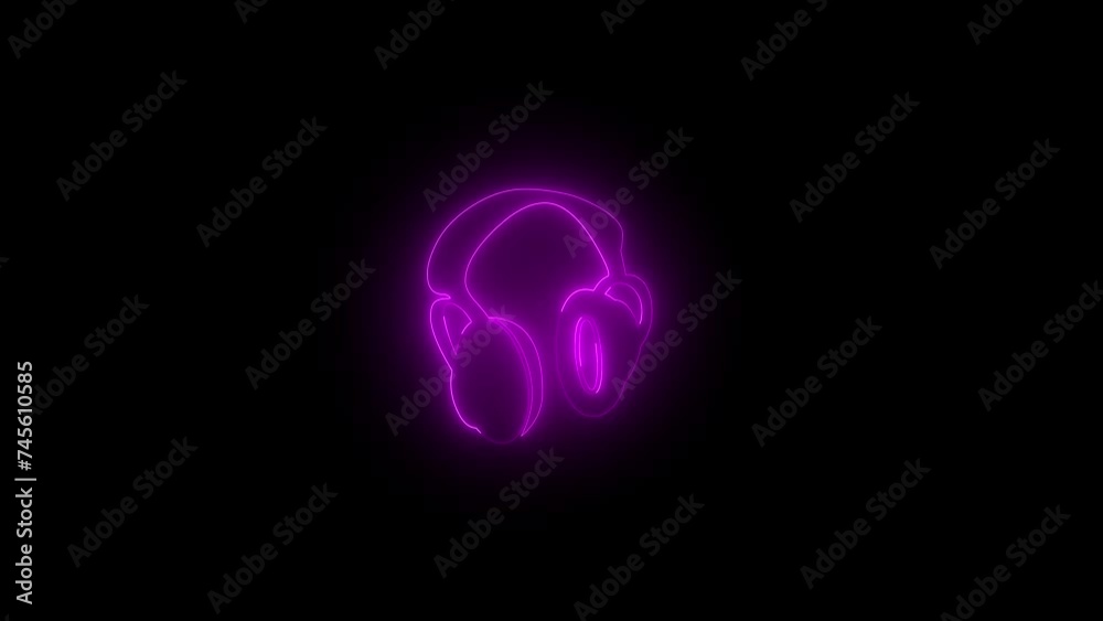 Neon glowing pink headphone icon animation in black background Neon glowing pink headphone icon animation in black background