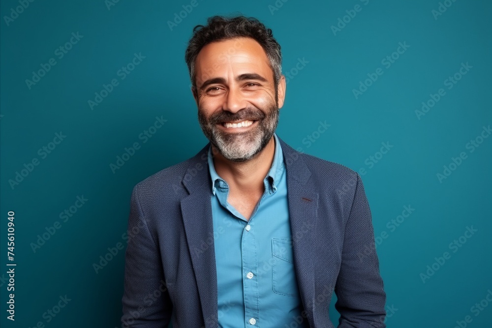 Portrait of a handsome middle-aged man smiling against blue background