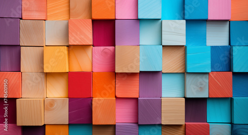 Colorful wooden blocks stack texture aligned background.