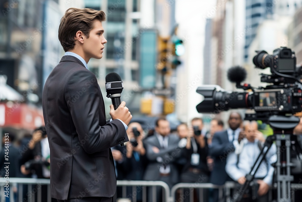 A young male reporter standing confidently as he delivers a report on a bustling city street A young male reporter standing confidently as he delivers a report on a bustling city street