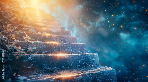 Close-up of a sacred stairway to heaven, glowing with divine light, a path of spiritual ascent and purity. photo