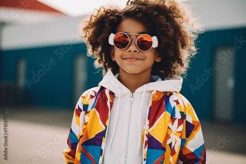 Stylish african american girl in sunglasses and colorful jacket.