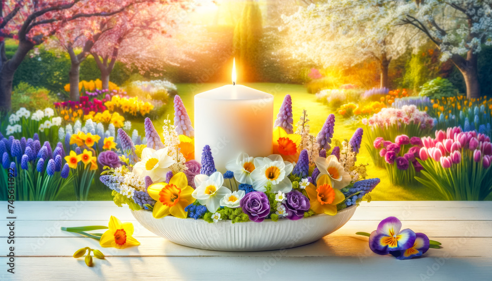 White Candle in Floral Arrangement with Lush Garden Background.  Celebration spring holiday Easter, Spring Equinox day, Ostara Sabbat. - obrazy, fototapety, plakaty 