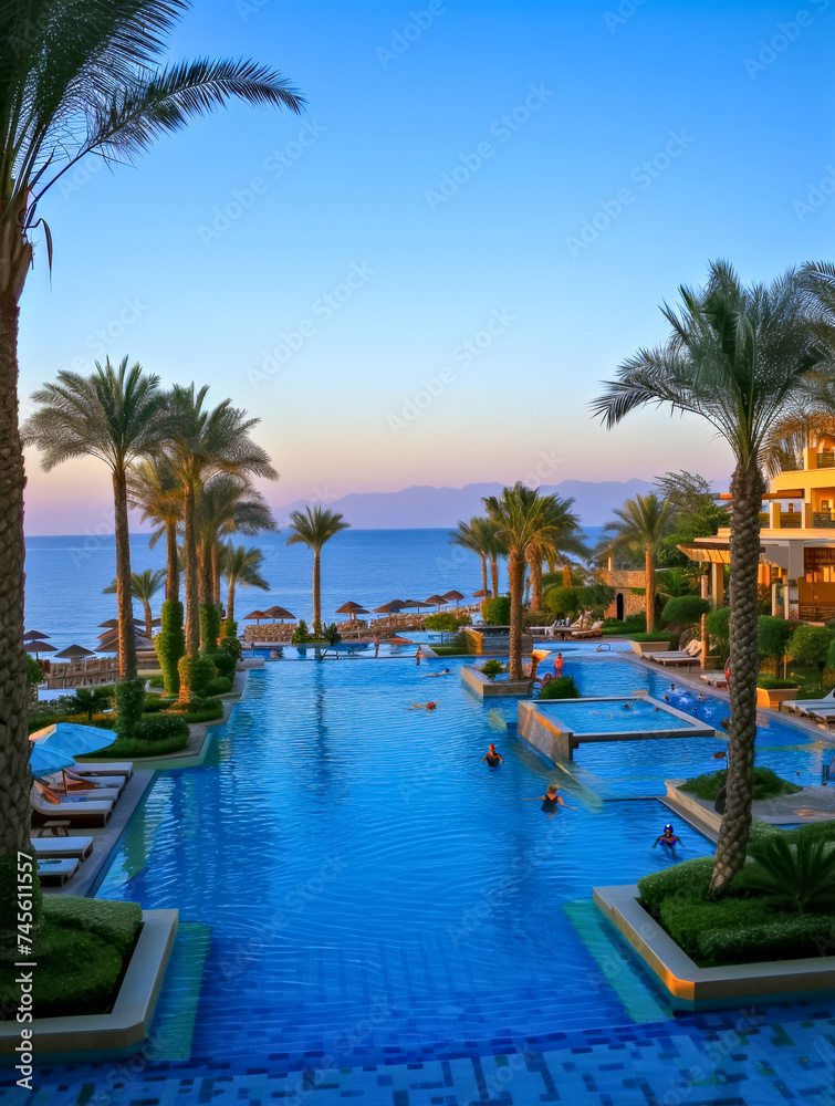 Bustling Resort Pool with Palm Trees at Sunset. Tropical resort natural pool.Travel concept