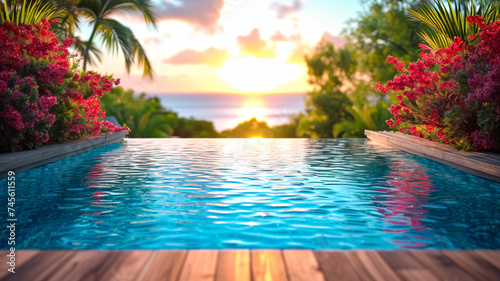 Infinity Pool Overlooking Ocean Sunset Surrounded by Blooming Flowers. Travel and holiday concept