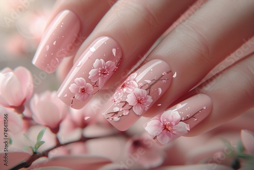 a detailed image of elegant hands featuring manicured nails with a delicate cherry blossom design