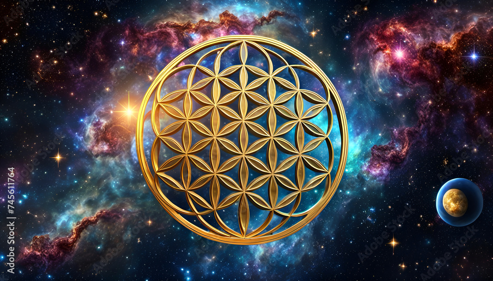 Blume des Lebens Gold glänzend Symbol Kraft Energie Harmonie spirituelles Erwachen vor Hintergrund aus bunten leuchtenden Sternen Galaxien Planeten im All Universum Astronomie heilige Geometrie Blume des Lebens Gold glänzend Symbol Kraft Energie Harmonie spirituelles Erwachen vor Hintergrund aus bunten leuchtenden Sternen Galaxien Planeten im All Universum Astronomie heilige Geometrie