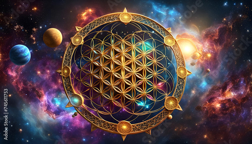 Blume des Lebens Gold glänzend Symbol Kraft Energie Harmonie spirituelles Erwachen vor Hintergrund aus bunten leuchtenden Sternen Galaxien Planeten im All Universum Astronomie heilige Geometrie 