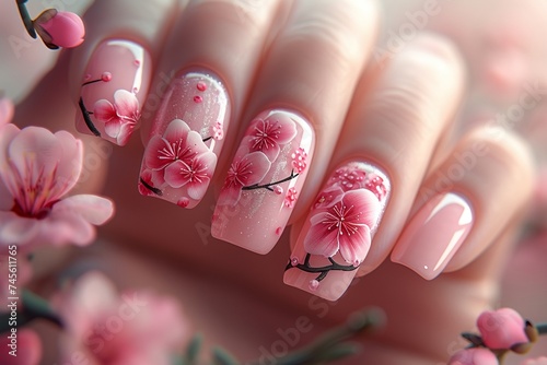 a detailed image of elegant hands featuring manicured nails with a delicate cherry blossom design photo
