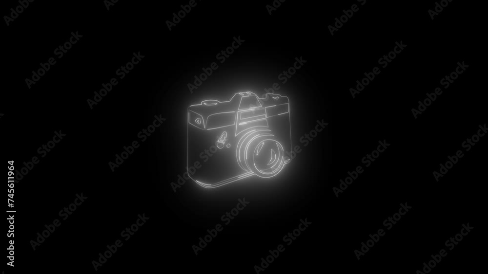 Neon glowing white camera icon animation in black background Neon glowing white camera icon animation in black background