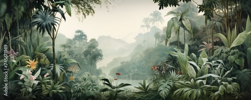 Panoramic Tropical Jungle Landscape at Twilight photo