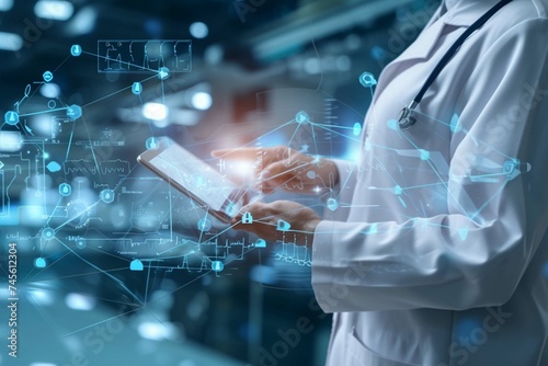 Medical technology, online health, global health network and tourism concept. Doctor using digital tablet and laptop computer, electronic medical record, internet network connection