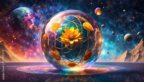 Blume des Lebens Gold in Glaskugel Symbol Kraft Energie Harmonie spirituelles Erwachen vor Hintergrund aus bunten leuchtenden Sternen Galaxien Planeten im All Universum Astronomie heilige Geometrie 