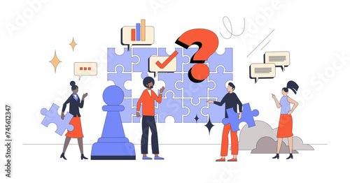 Creative thinking games and intellectual challenges retro tiny person concept, transparent background. Think strategy and best solution for complex maze or puzzle illustration.