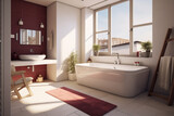 Full of sun light white minimalistic bathroom, brown and burgundy interior elements
