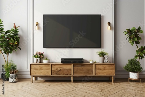 Mockup a TV wall mounted with decoration in living room and white wall.