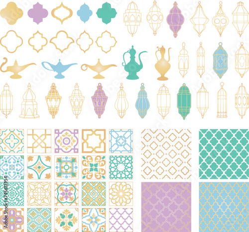 Moroccan Vector Elements. Arabian Ornament. Frame, Arabic lantern, lamp, tile. Arabic pattern