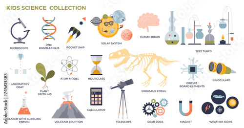 Kids science and fun experimental way to teach nature tiny collection set, transparent background. Labeled elements with physics, chemistry, biology and geography for children learning illustration.