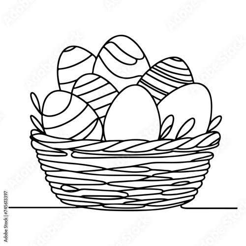 One continuous hand drawing black line basket easter eggs doodle decorated with Many different design for easter egg outline style vector