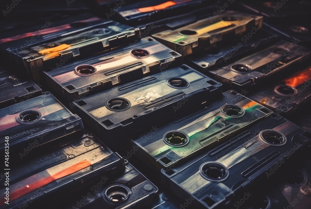 Vintage Audio Cassette Tapes Piled Background - obrazy, fototapety, plakaty 