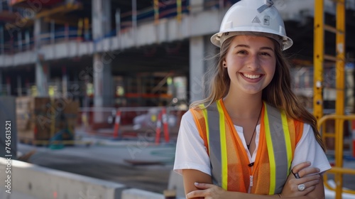 Dressed in a white safety helmet and an orange reflective vest, a happy young woman smiles warmly with her arms folded.