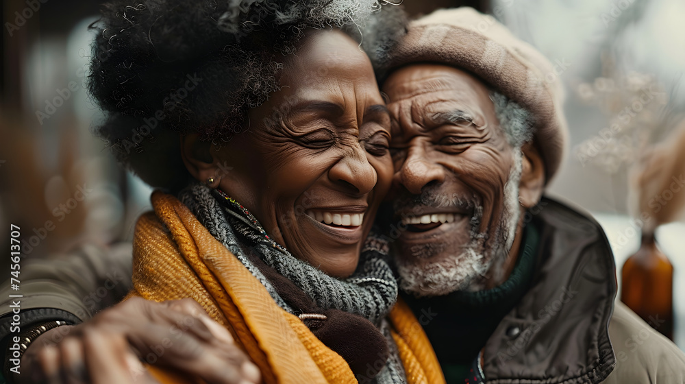 Close up of african american senior couple embracing romance of lovers in happy relationship