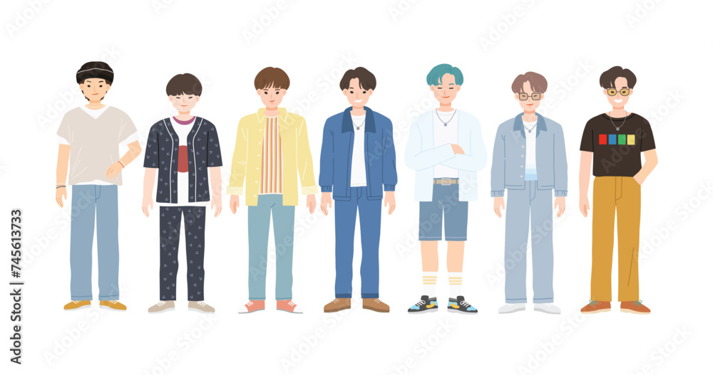 Group of young people flat cartoon characters isolated on white background. Happy teenager in casual clothes.