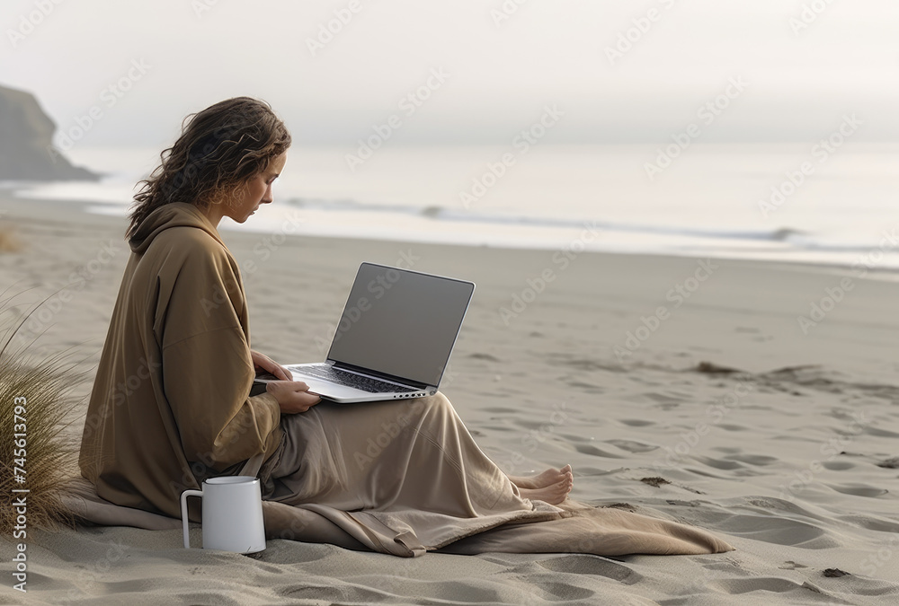 Remote Work by the Ocean, Woman with Laptop