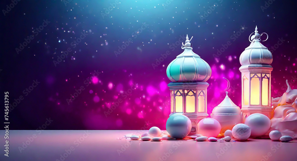 Islamic Ramadan and Eid Mubarak 3D renders soft light effects on an abstract HD aesthetic background