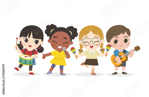 Kids playing musical instruments. Hobbies and interests.