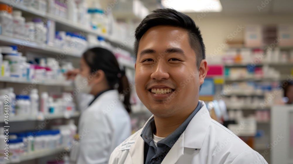 Male pharmacist is smiling at the camera with a pharmacy shelf in the background, and a colleague is slightly out of focus behind him